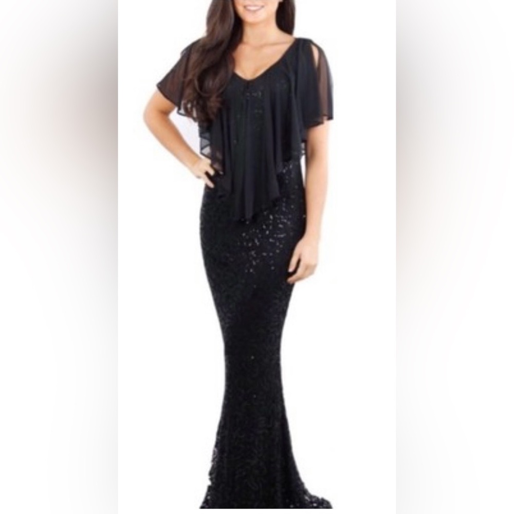 MARINA Black Sequin Lace Mermaid Dress